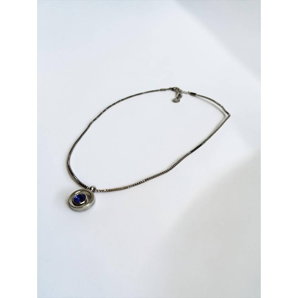 M&M Brand Pendant Necklace Silver Tone Box Chain Blue Gem Circle Crystal